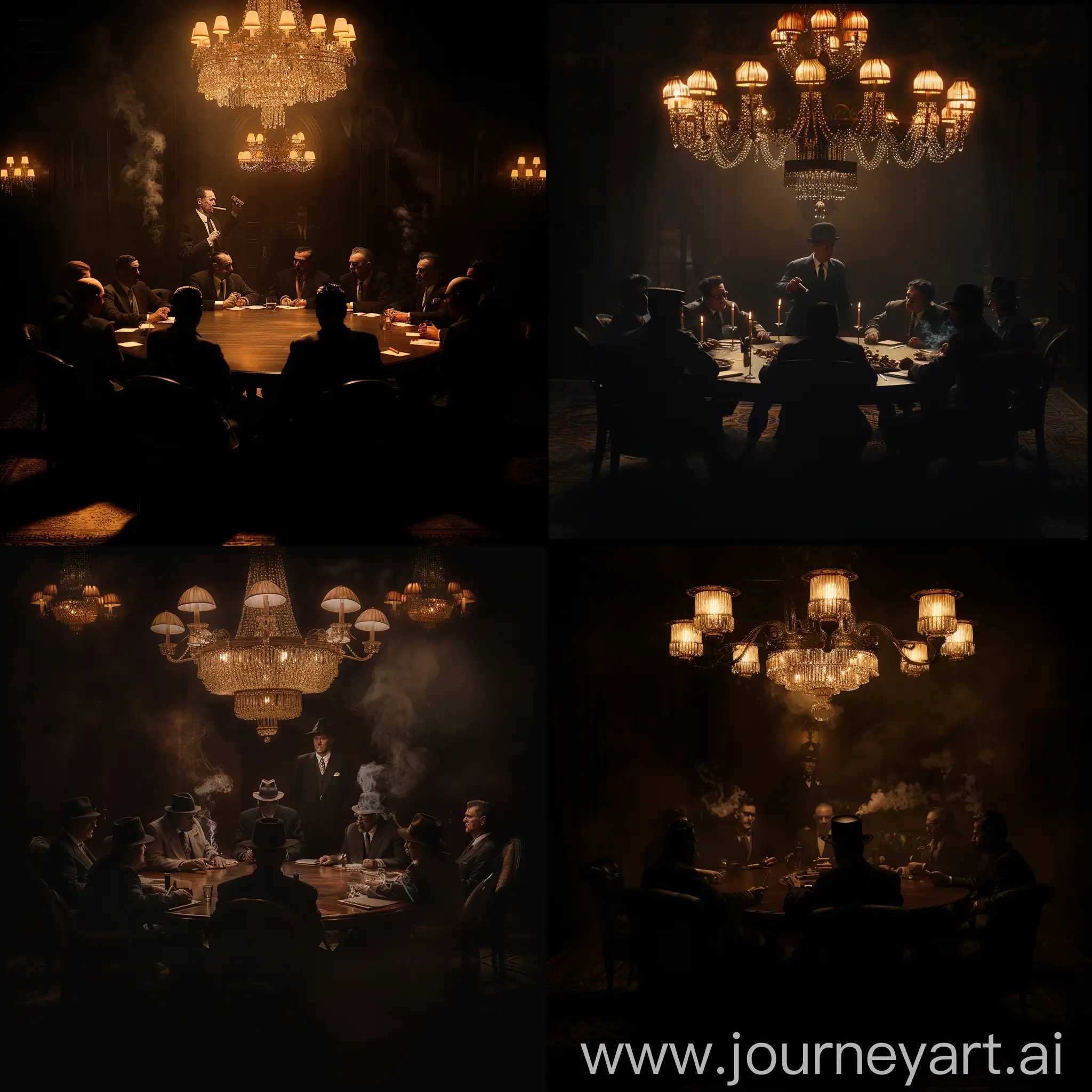 A dim photo, only lit by warm chandeliers, of a meeting held by the bosses of the 5 families of the American Mafia in 1931 forming the commission. The way the meeting is set up is that there is a round table and all 5 bosses sit around the round table to ensure that all bosses have equal standing and no one sits at the head. Furthermore, the photo must include Lucky Luciano standing up while everyone sits down lighting and/or smoking cigars. The photo must depict a dark and mysterious yet aggressive atmosphere. The angle of the photo must be taken from a low angle, very close to the surface of the aforementioned circular table. The photo must be styled as a 1980s mystery film and only 5 people should be present in the video, each corresponding to their respective crime family. The reason for very less people in the photo is to emphasise the importance and power of these crime bosses.