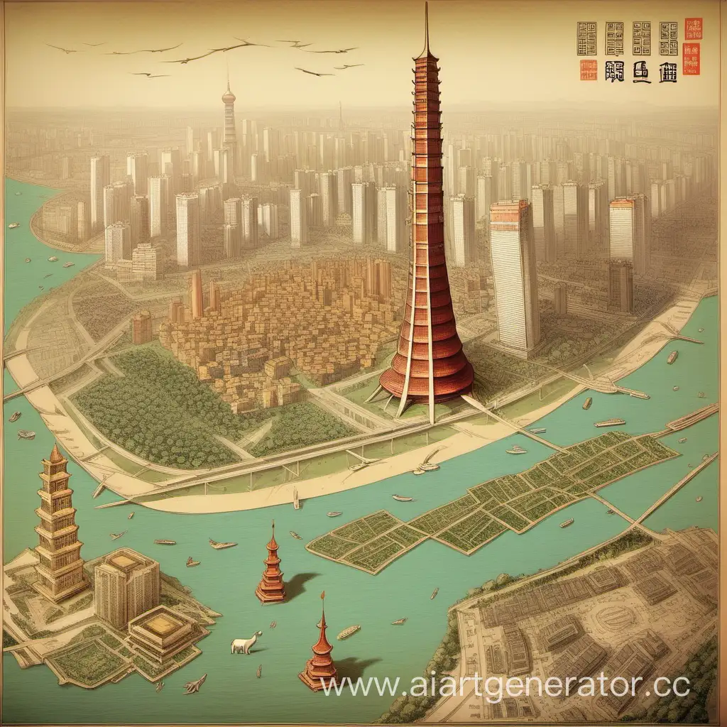 зашифрованный китайский город Гуаньчжоу с башней Гуаньчжоу, природой России и животными Сибири
