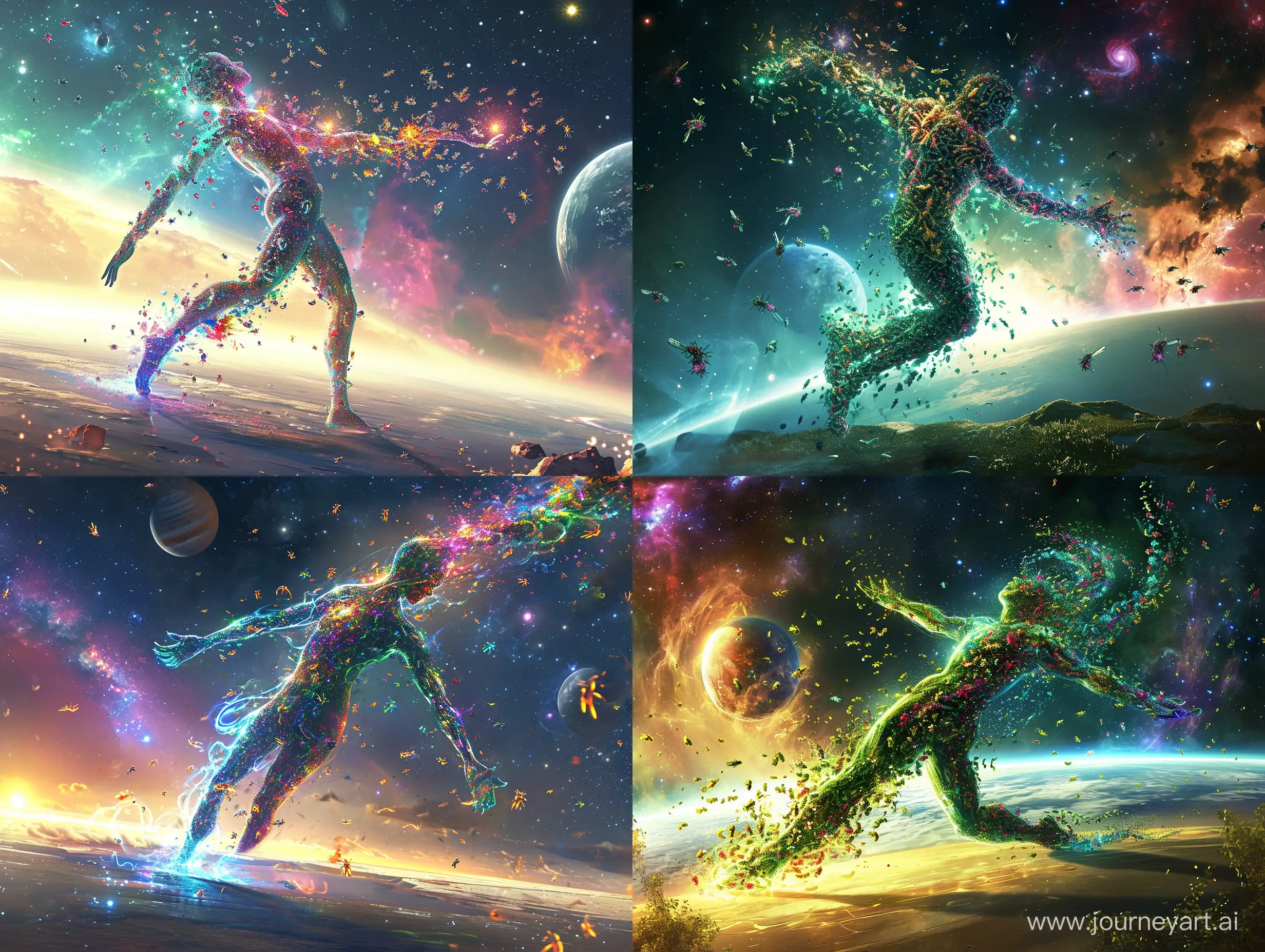 Subject: Human body shape created by flying glowing bugs levitating close to ground and wide open arms

Location: Surreal planet with magical surroundings and planet and galaxies in background
Style:  Mystical
Colors: very vivid color palette
