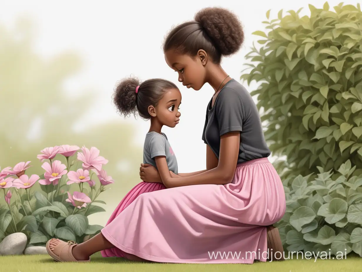 children's muted art illustration, full figure 8 year old african brown girl character, wearing a pink skirt, a grey shirt, black takes, comforted by her mother in the garden, cute poses and expressions, full colour, side view, back view, front view, no outline