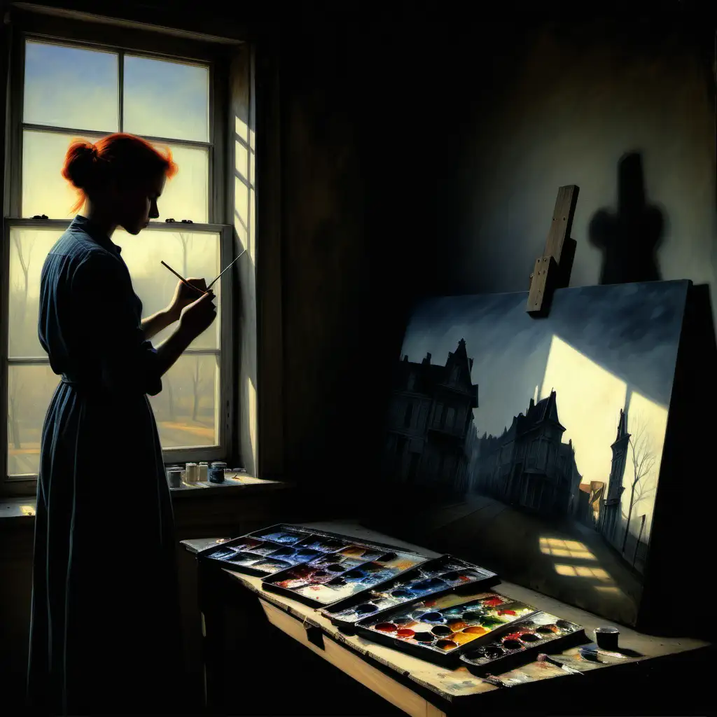 Inspiring Painter Creating Nostalgic Art with Dark Shadows