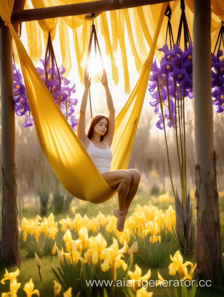 умиротворённая девушка занимается аэройогой в гамаке, жёлтые цвета, энергия внутри, свет души и спокойствие вокруг неё солнце и расцветает поле лютиков