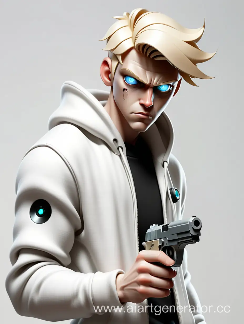 Человек блондин, без капюшона, в белом худи, модная причёска, роботизированный глаз, держит черный пистолет five-seven в правой руке, пистолет направлен прямо 