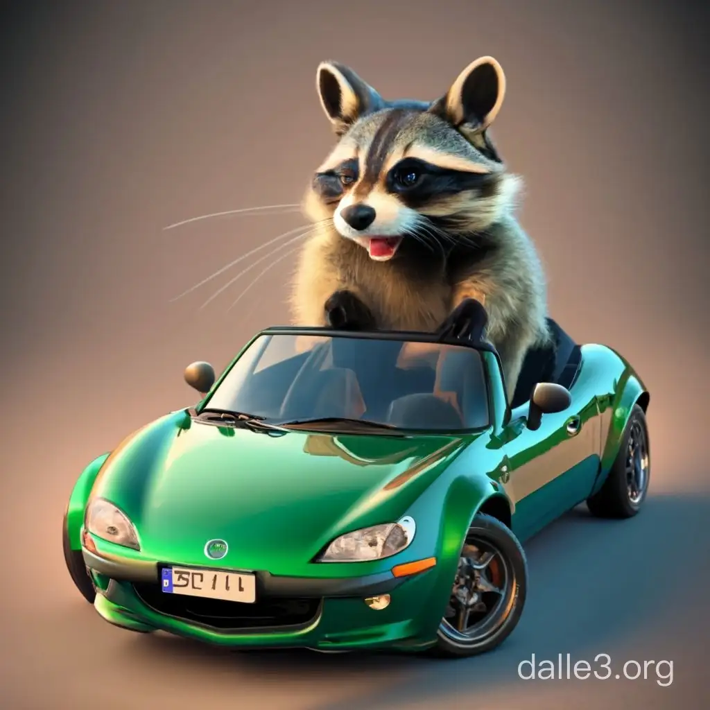 A racoon driving dark green Mazda MX-5, studio Ghibli style