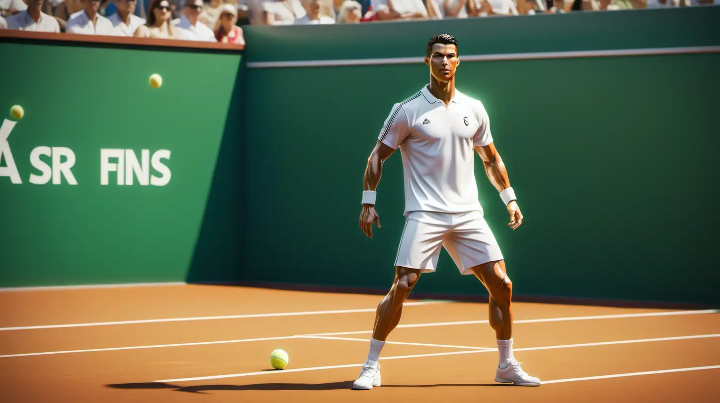 Full body, Cristiano Ronaldo is tennis, fans watching, tennis court background, realistic, ar 2: 1 --v 5