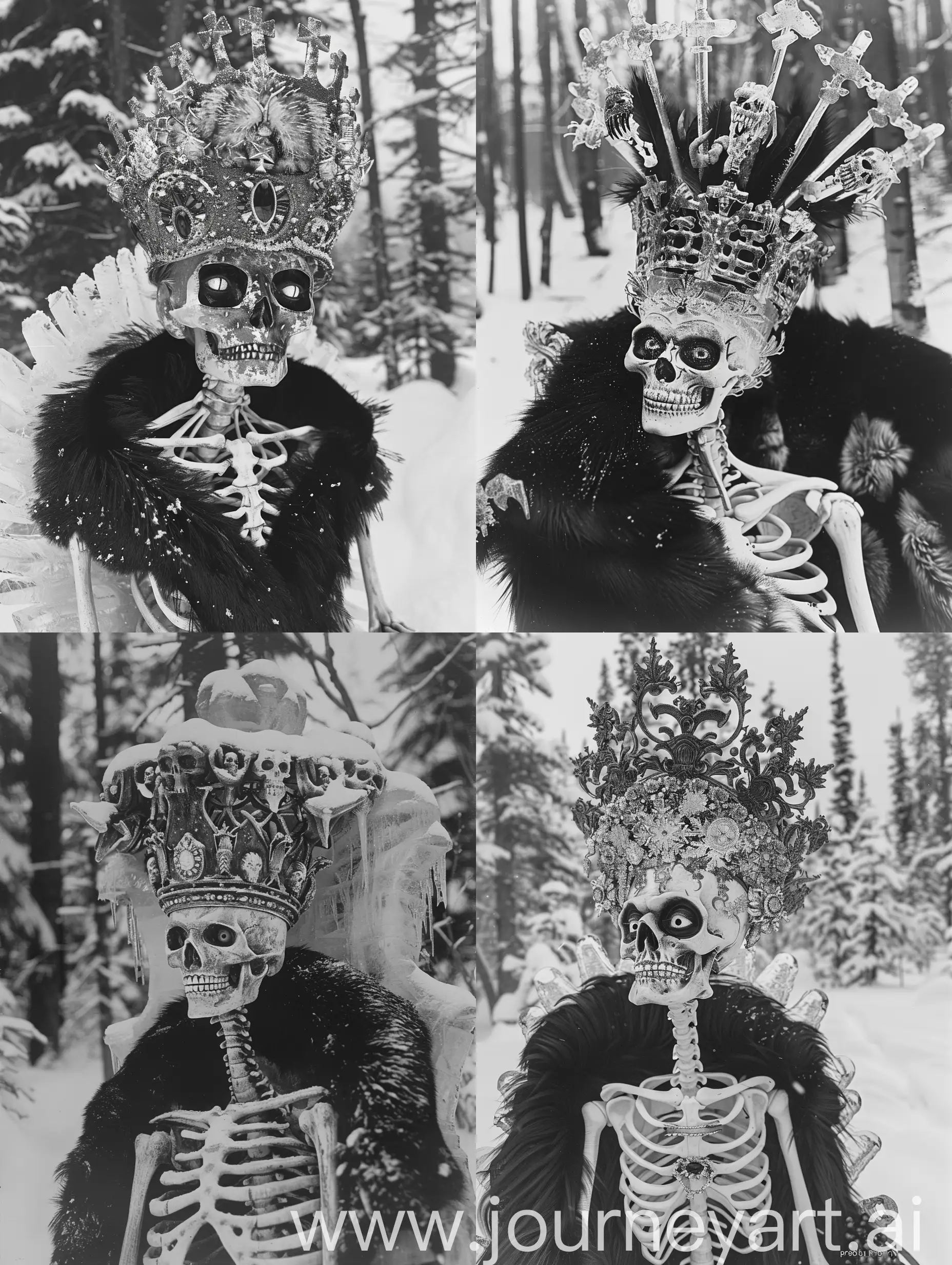 Grayscale image of a skeletal ice queen made of ice wearing a large intricately detailed crown, face muscles,  sitting on a throne, black fur embellishments, piercing eerie eyes, staring at the viewer, snow covered minimalistic forest, attention to detail, horror core, dark horror, taken on provia
