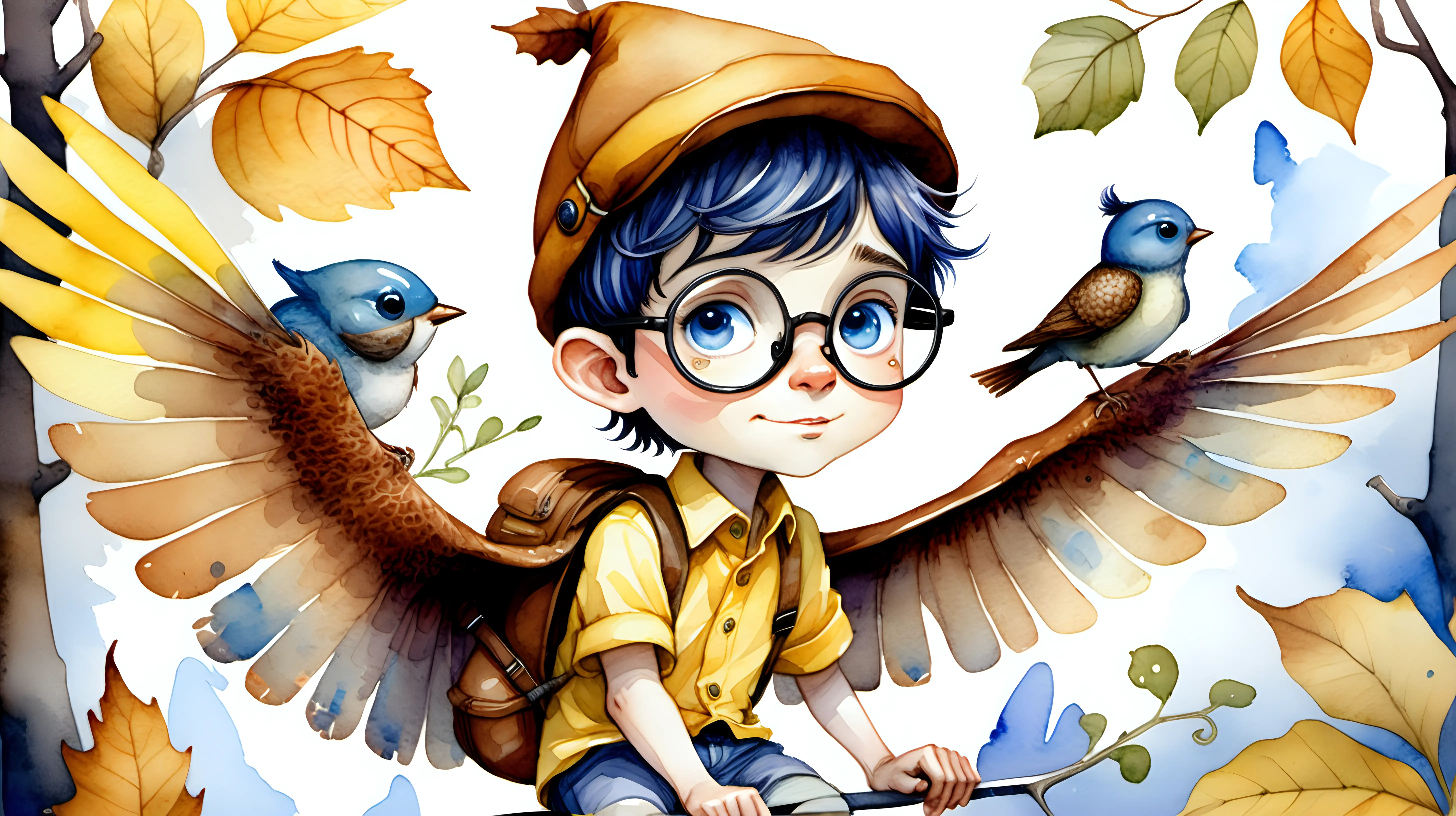 Enchanting Watercolor Fairytale Blueeyed Boy Pixie Riding on a Bird