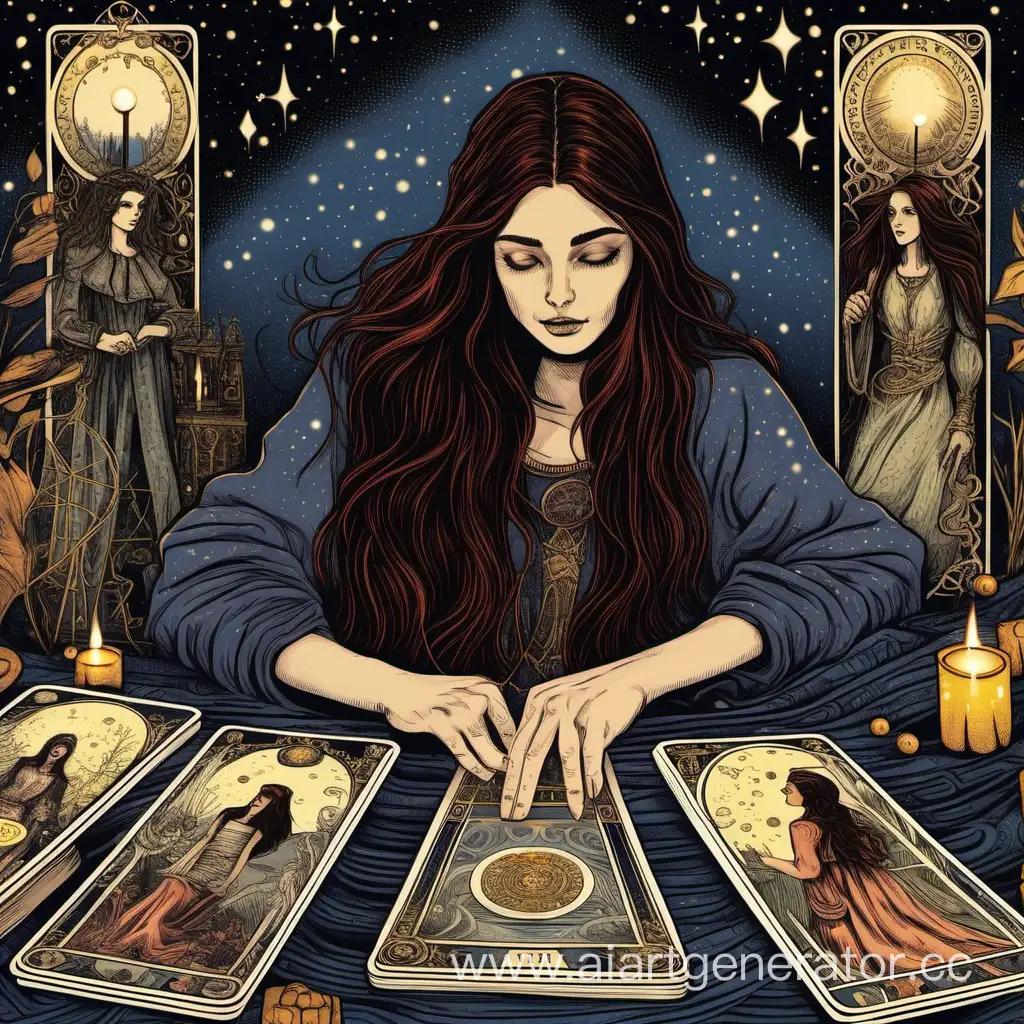 Young-Woman-Reading-Tarot-Cards-with-Dark-Hair-and-Hazel-Eyes