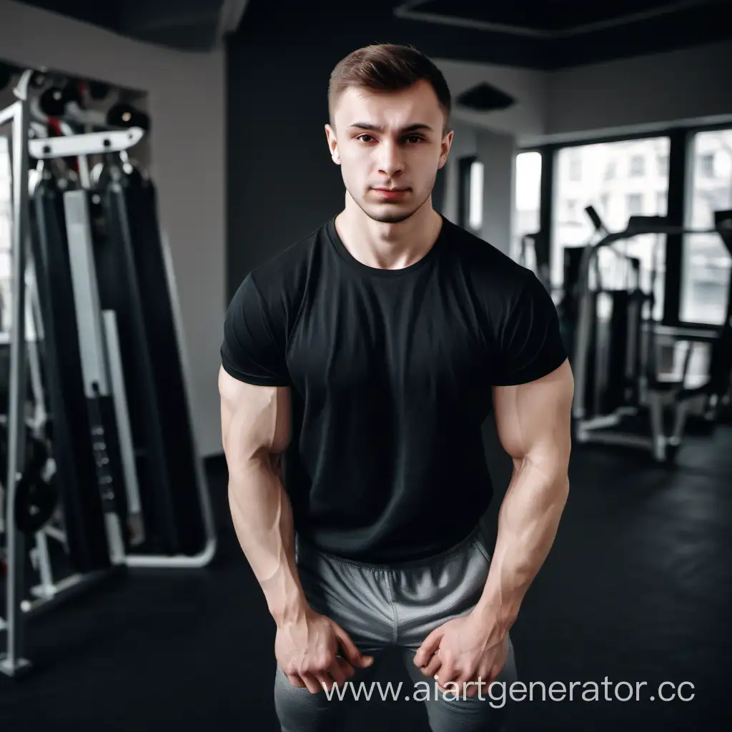 двадцатипятилетний русский парень накаченный спортсмен в футболке и спортивных
 штанах в спортзале


