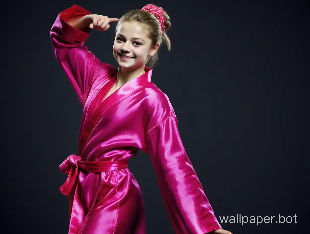 Yulia Lipnitskaya in a bright pink silk robe smiles