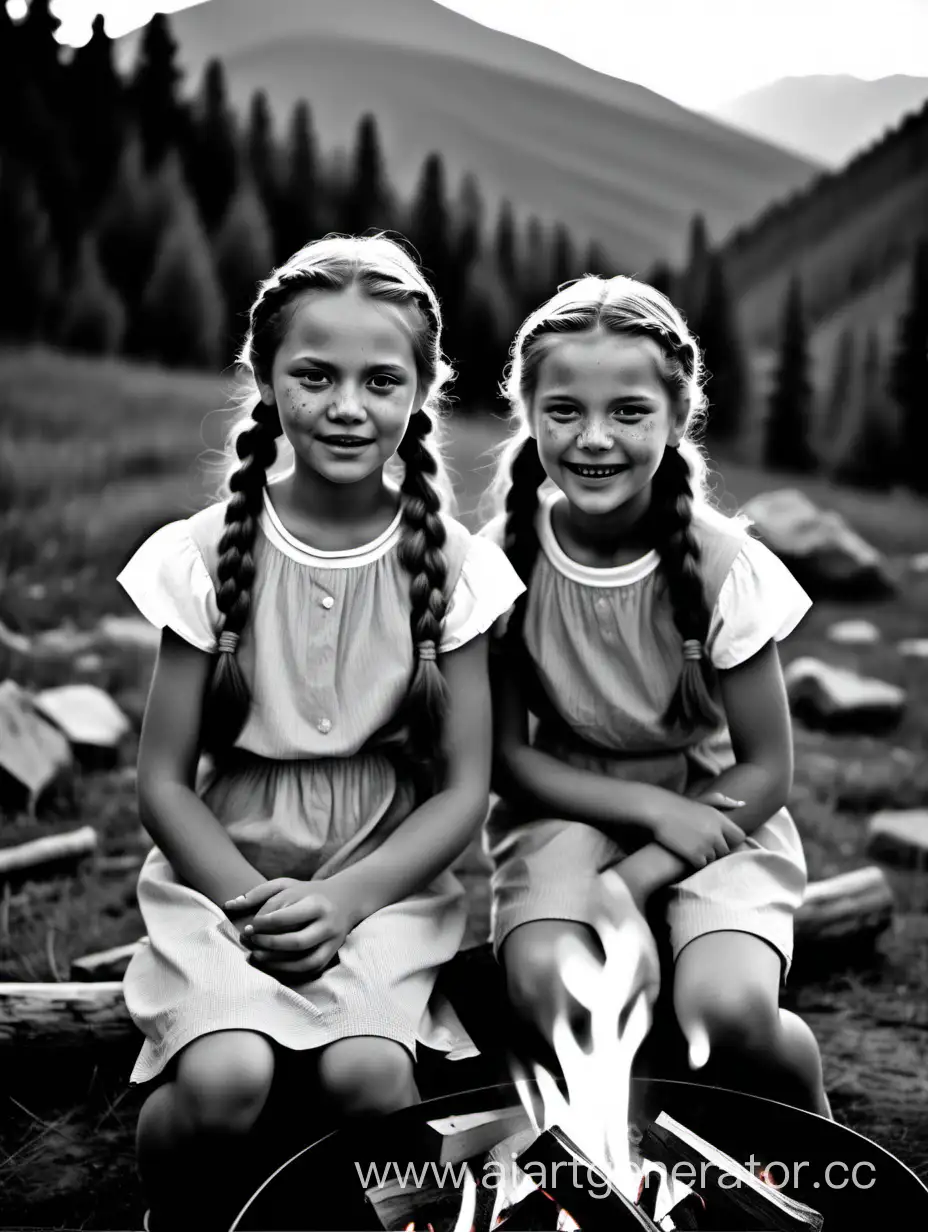 Две сестры лет 9 из СССР примерно 70-х годов, одна с темными волосами, собранными в хвостик и с веснушками, а вторая со светлыми волосами, заплетёнными в две косички. Девочки рассказывают страшилки у костра летом и смеються. На фоне горный пейзаж. Картинка в стиле черно-белой фотографии.
