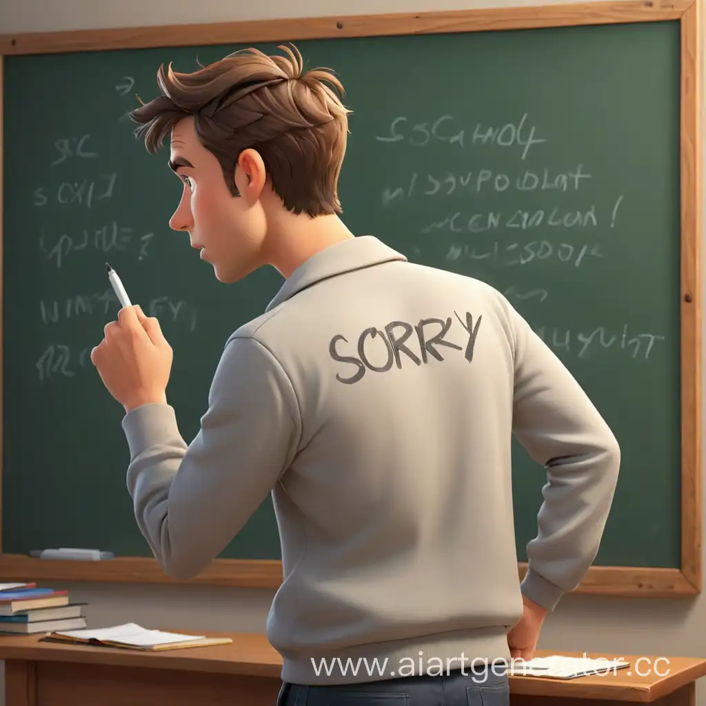 мультяшный мужчина пишет на школьной доске спиной извини 3д