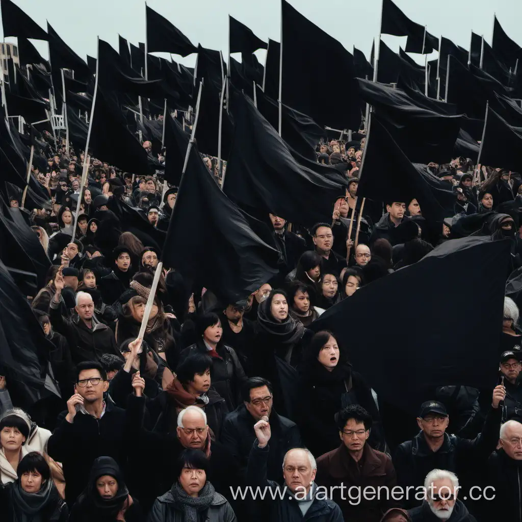 большая толпа людей стоит с чёрными флагами которые развиваются на ветру.