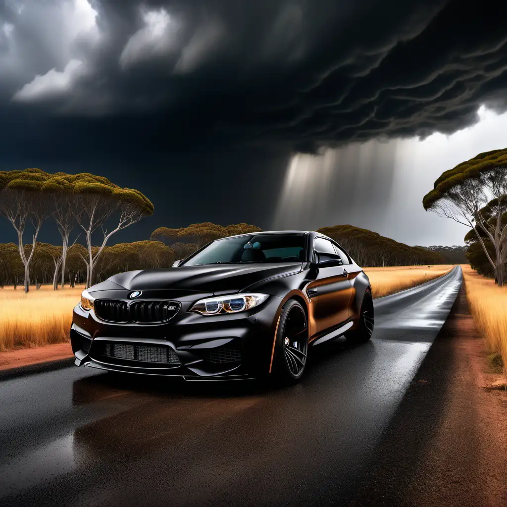 „Napisz żywą i wciągającą historię zainspirowaną zdjęciem RAW, przypominającą styl National Geographic, uchwyć zapierające dech w piersiach piękno australijskiego buszu. Scena obejmuje nieoczekiwaną obecność samochodu BMW M Power kolor czarny mat,tuning. czarna zakryta tablica z numerami. subtelnie dostrojonego, pośród mokrego krajobrazu, pochmurne niebo.  Poznaj wpływ warunków pogodowych, grę długich cieni i duże kontrasty w otoczeniu. Zdjęcie zostało zrobione aparatem Sony Alpha 1 z obiektywem 50 mm f/1.8 i przysłoną f/11 , czas otwarcia migawki 1/200 s, czułość ISO 100 i realistyczna jakość HD 8K. Wykorzystaj takie elementy, jak HDR, XDR, ostrość, wyostrzanie, szerokokątna rozdzielczość 8K, HDR10 efekt Kena Burnsa i ulepszenia Adobe Lightroom. 
