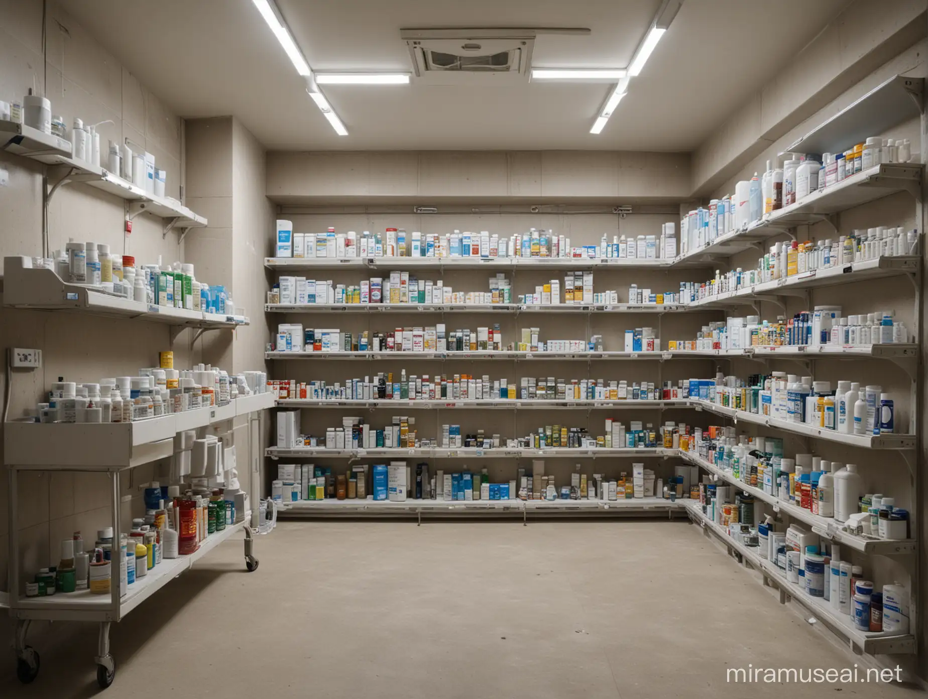 Элитная фармацевтическая аптека с обилием лекарств, таблеток и лечебных спреев, расположенная в бункере без окон. Много деталей. Имеются больничные койки