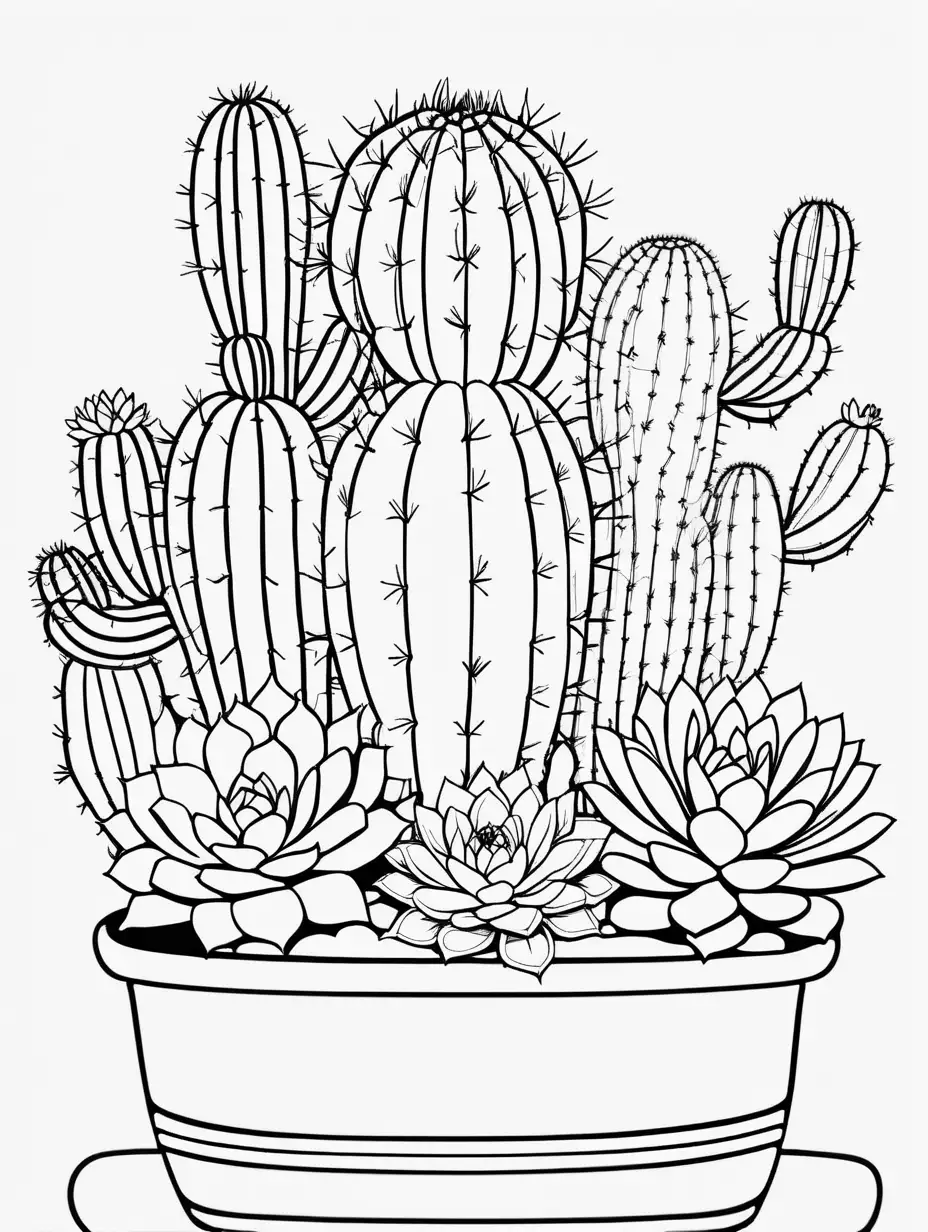 clean black and white, white background, adult coloring book style drawing, 2D, simple line drawing, vector, fill a page with cactus, succulents and flowers