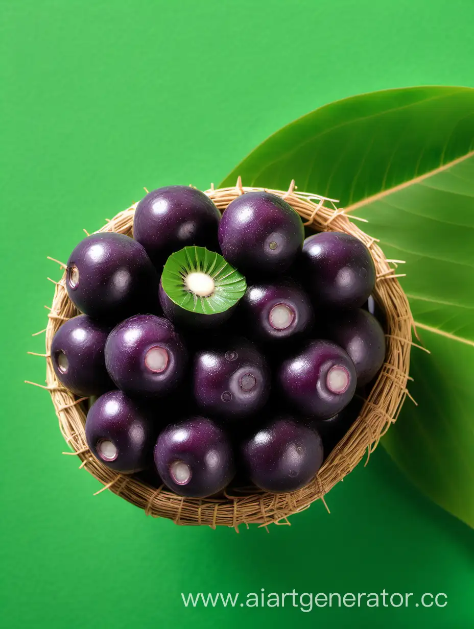 Vibrant-CloseUp-of-Acai-Fruit-with-Fresh-Green-Leaf-on-Green-Background