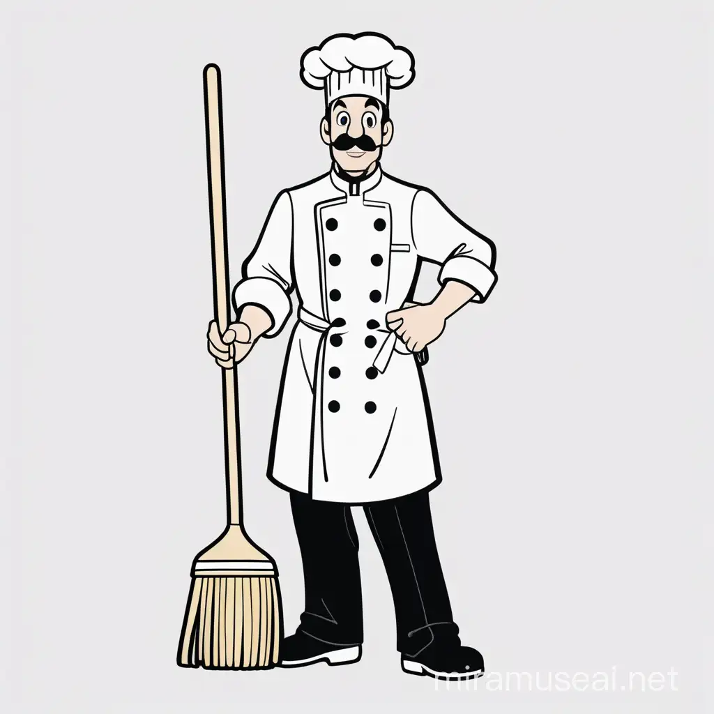 Alfredo Linguini from disney with a mop, young cooking chief, ginger hear, with a white cooking chef's coat, full body, minimalist, vector art, colored illustration with a black outline