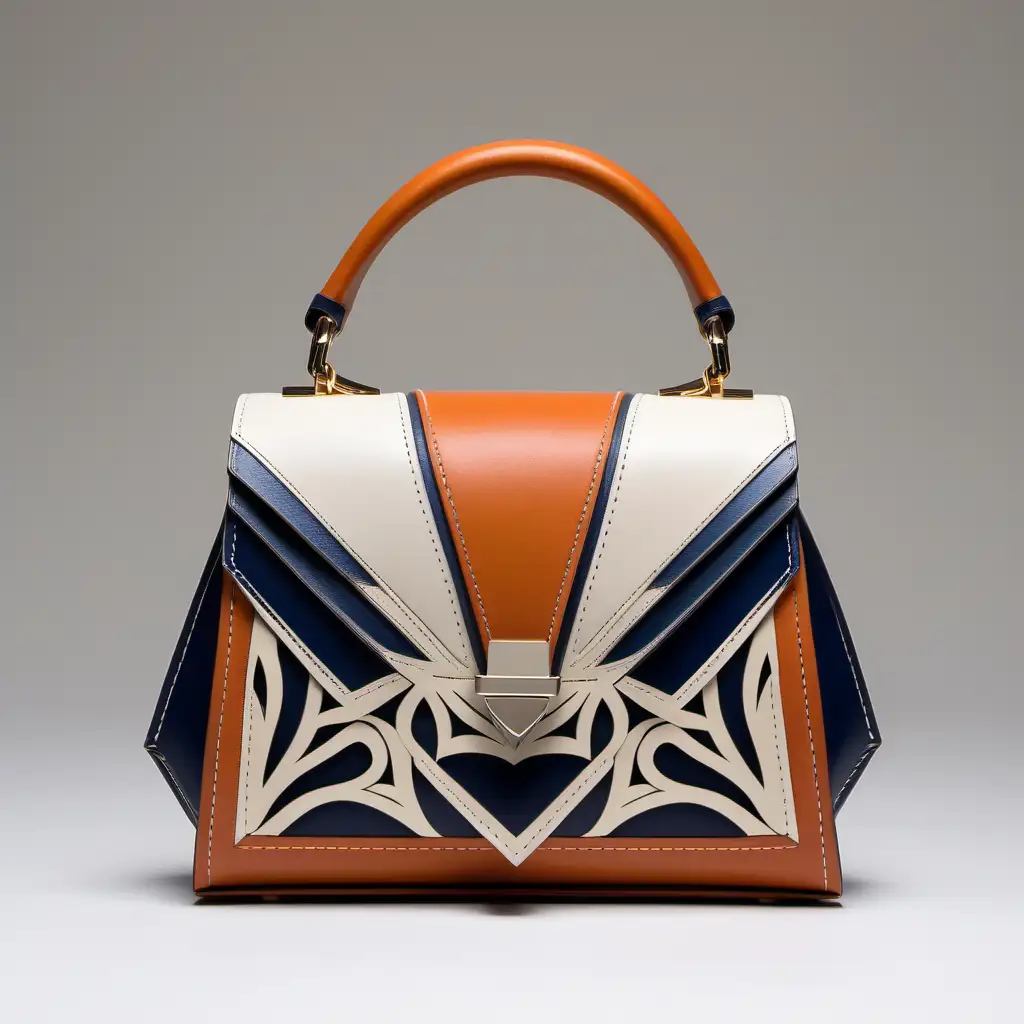 Mini luxury leather bag - frontal view - arabesque inserts color contrast with geometric design- neutral shades