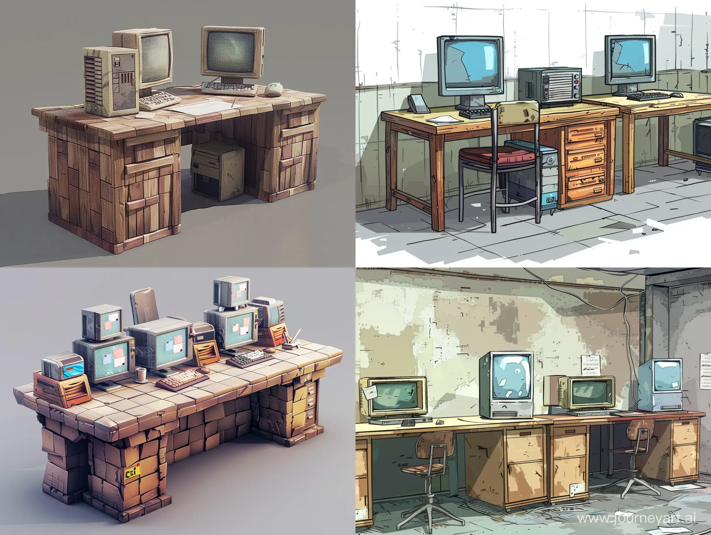 front view. a tile set of sprites for 2d platformer. office desk with computers. interior for 2d game. A map of sprites.minimalism. post-apocalypse, brutalism. 8k. photorealism, unreal engine