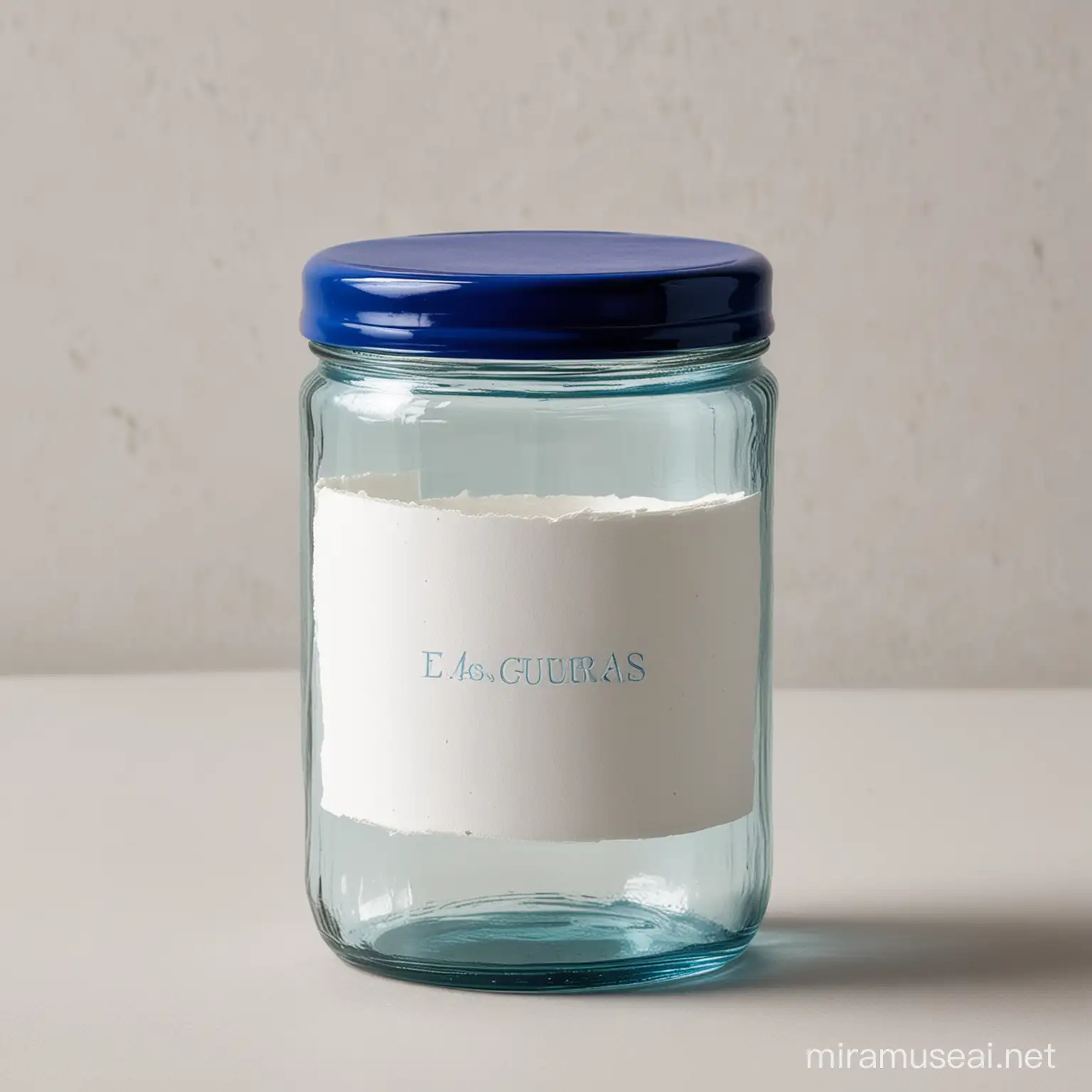 a glass jar with blue lid and white wrap