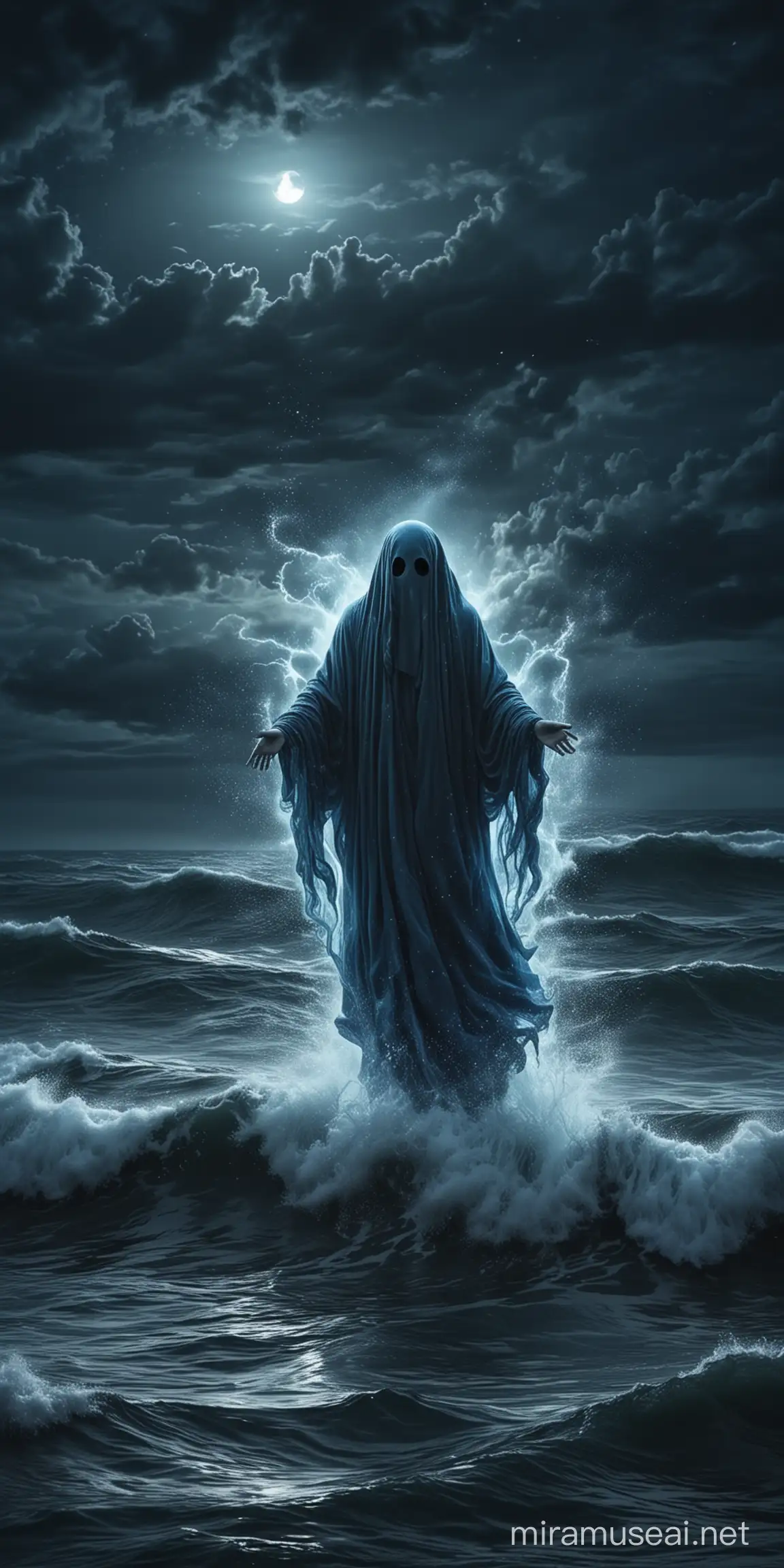 Містичний привид летить над темнім синім штормовим морем в ночі
