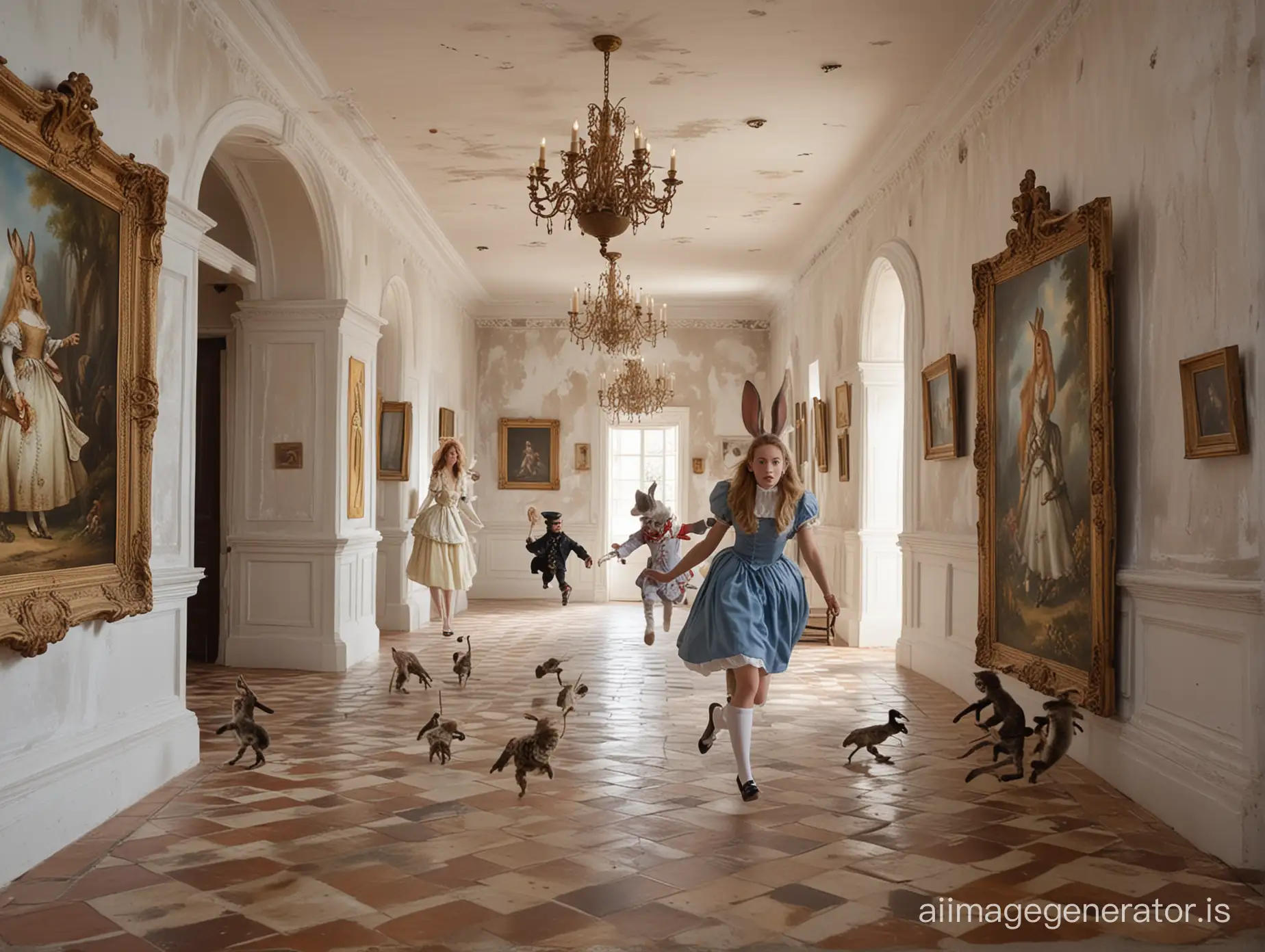 Alice in Wonderland. Running through the castle. A rabbit dressed in clothes is running in front of Alice. On the white walls, there are statues, large paintings, luxurious interiors. Many large owls are flying around, making noise. Part of the wall reveals the universe and nebulae. There is a large tarantula on the ceiling.