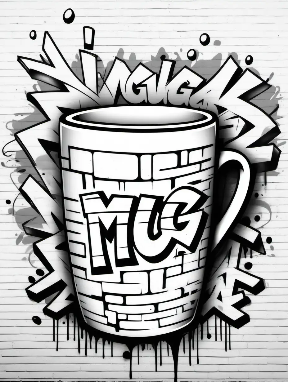 Create a graffiti colouring page, all white , black outline, no colour, graffiti art, with the word mug ,on a wall, no shading, low detail, white background , colouring page, graffiti art style