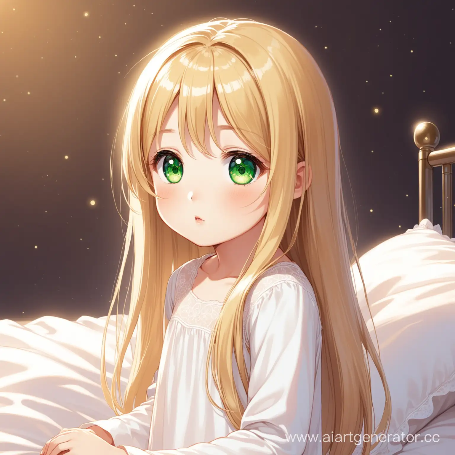 Little girl, She has long straight blond hair, big green eyes, She is wearing a white nightgown with long sleeves

