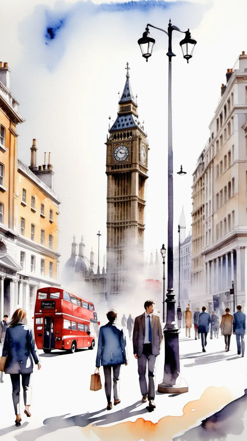 Strolling Through London Vibrant Watercolor Cityscape with Pedestrians