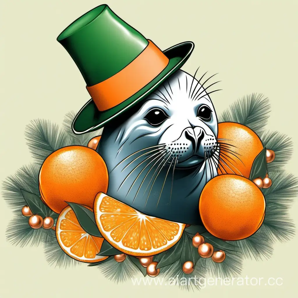 Joyful-Seal-Wearing-New-Years-Hat-Surrounded-by-Tangerines