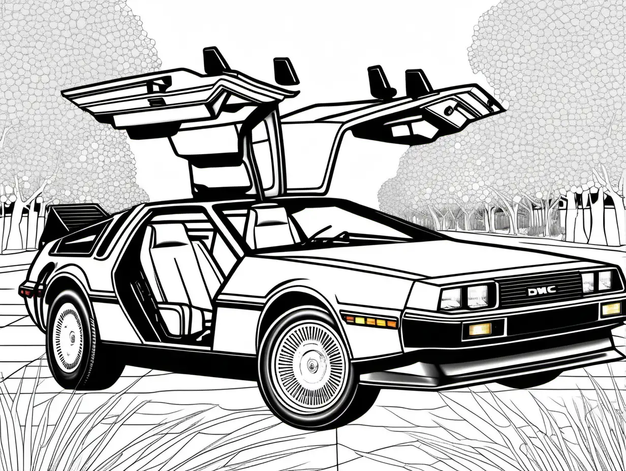 Classic 1981 DeLorean DMC12 Coloring Page for Adults Detailed Clean Line Art of Iconic American Automobile