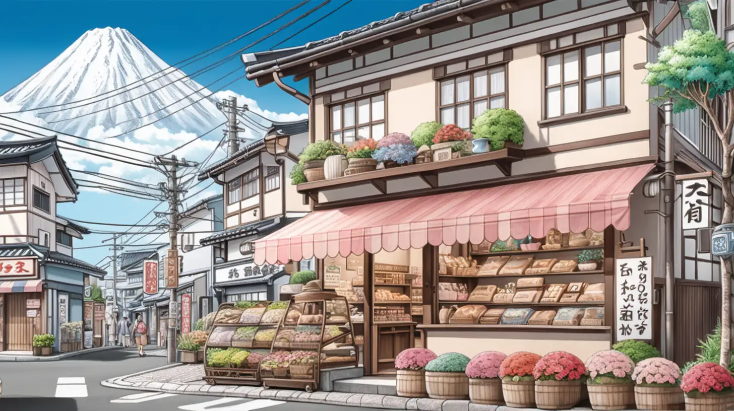 Draw a small town in japan with flower shop, bakery and coffee shop, wire and pole, plants and trees, japan comic style, beautiful sky and cloud, beautiful palette color, best quality, highly detailed, masterpiece, codex_401 style