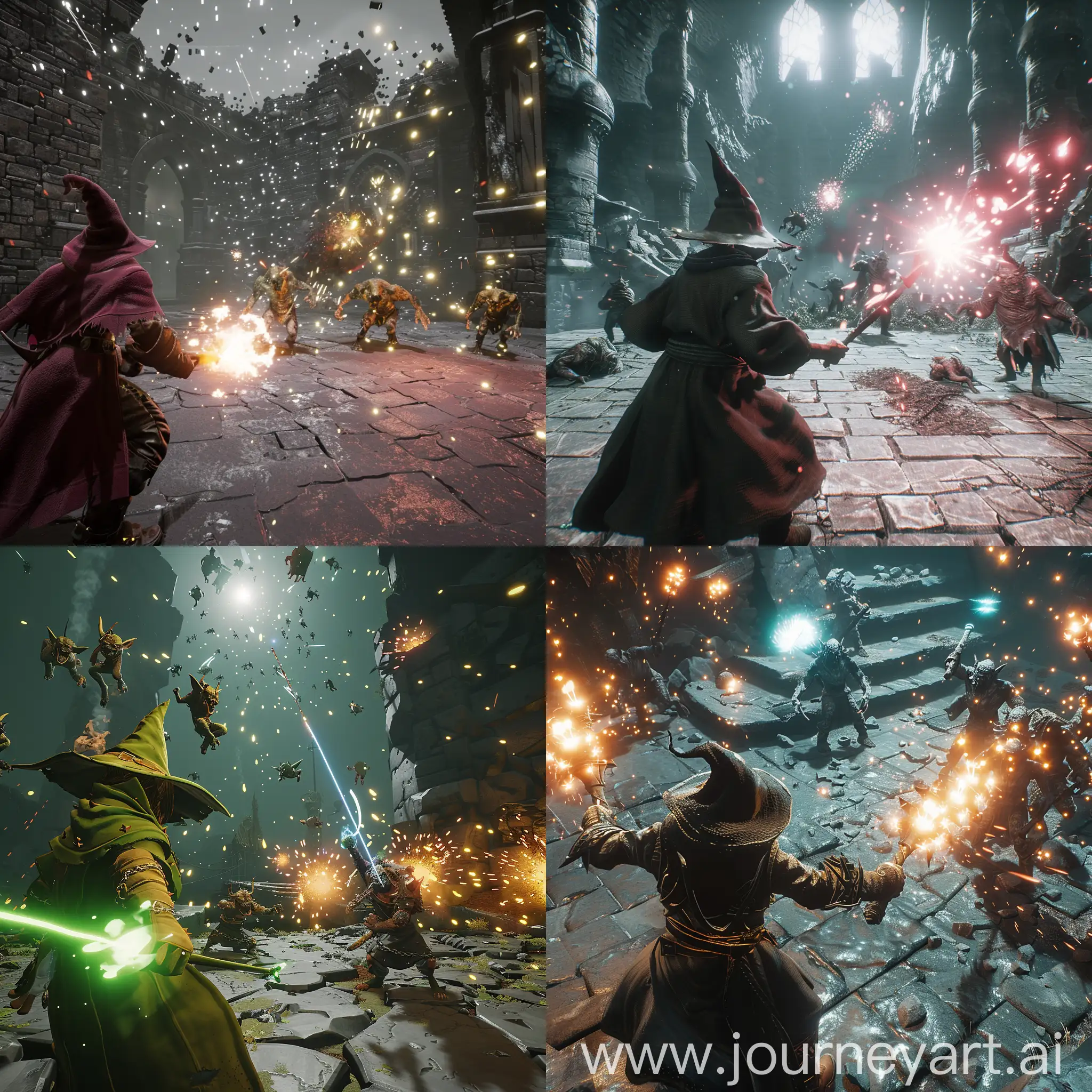 A Screenshot of a UE5 game where you play as a wizard in First Person. You are fighting goblins that are spawning in a void arena. 