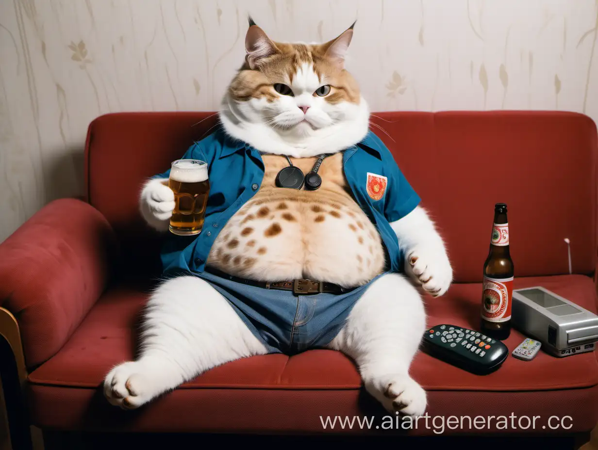 Кот с большим пивным пузом сидит на диване в советской квартире. У него в левой руе пиво а в правой пульт от телевизора. Кот в майке с пятнами.