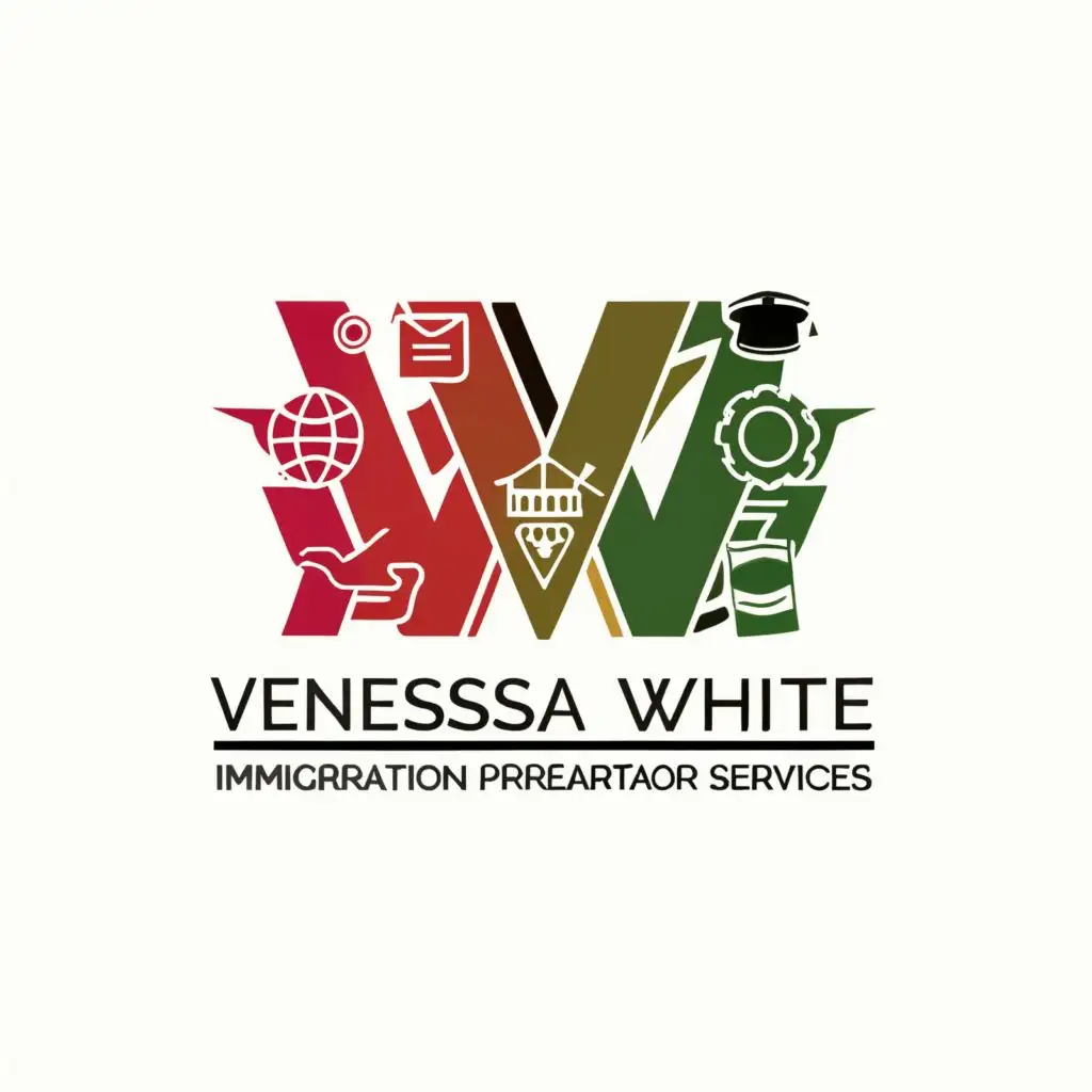 a logo design,with the text "Venessa White Immigration Preparator Services", main symbol:VW, immigration, naturalization, red, gold, green,Moderate,be used in Legal industry,clear background