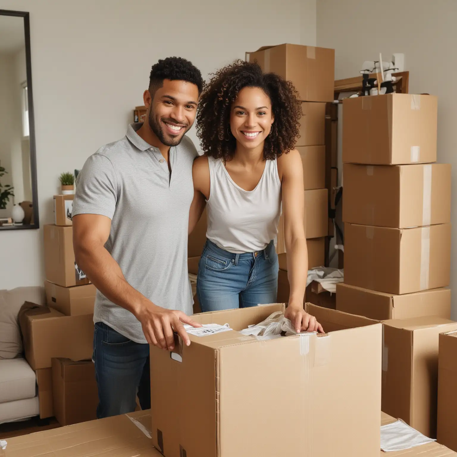 a 36-year old mixed-race couple back packing boxes in their apartment 
