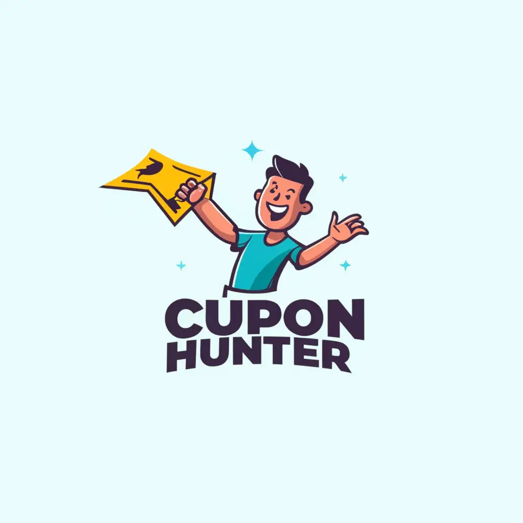 a logo design,with the text "COUPON HUNTER", main symbol:The guy in midair catches the coupon flying away from him. There's a winner's smile on his face, he's happy.,Moderate,be used in Finance industry,clear background