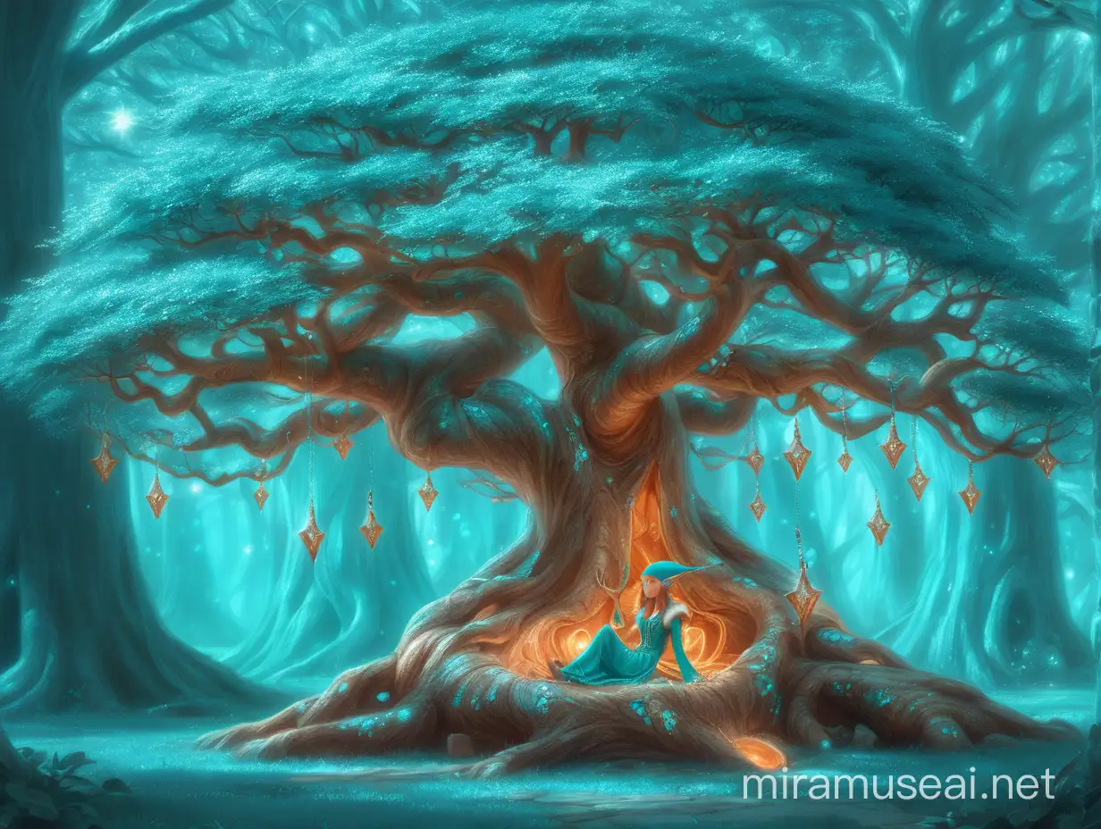 Enchanted Turquoise Copper Tree with Elf Resting Beneath