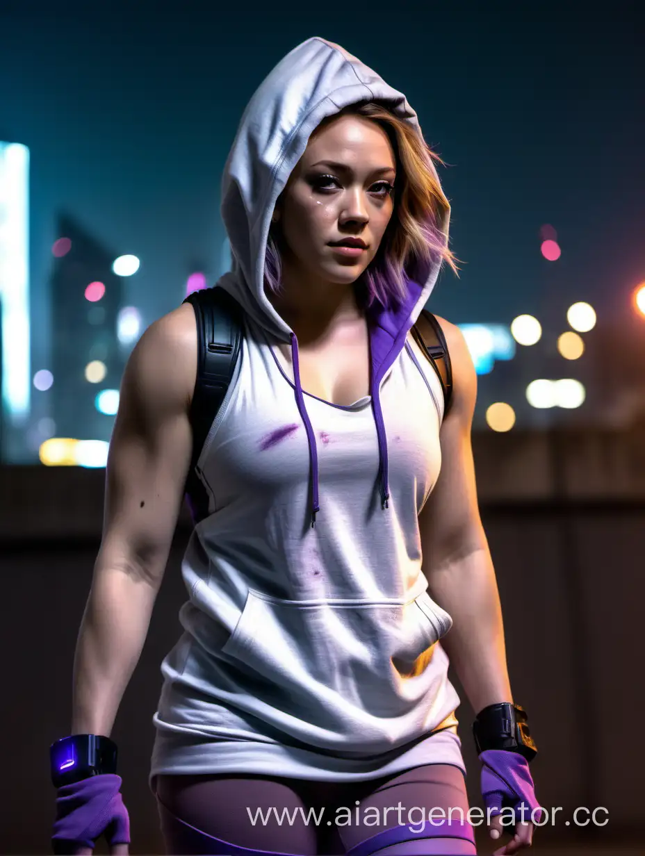 Dystopian future fashion, cyberpunk, young adult white woman, light brown hair with faded purple tips, muscular thick body, walking through night city arena in background, grey tank top with open hoodie, hood up, bare beefy arms, Hilary duff face, looking away, cinematic shot