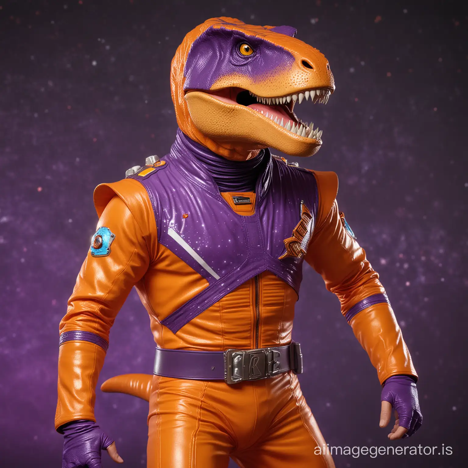 Buck Rogers with T-rex face, in space disco clothes with dynamic hero position. serious and laughing. purple and orange