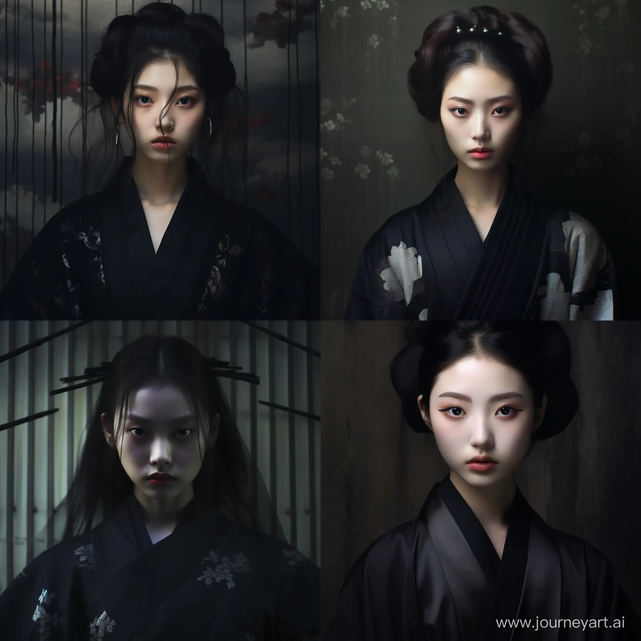 Realistic photograph of a Japanese woman, inspired by a Japanese scary movie, hair covering one eye, pale skin, dark eye makeup, traditional kimono, eerie background, low-key lighting, intense facial expression, square orientation --ar 1:1 --s 150 --c 0 --v 5.2
