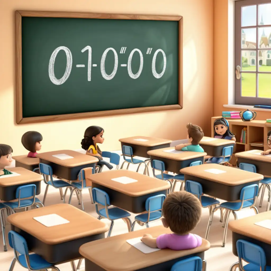 Dynamic Classroom Scene with Chalkboard Displaying Binary Number 010000