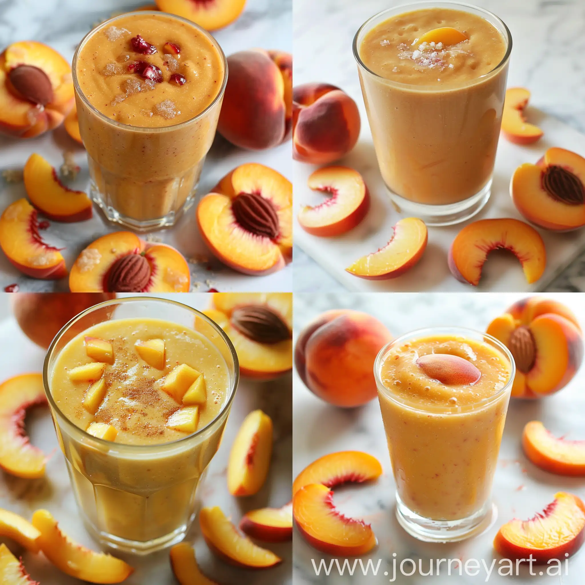 peachcolored smoothie in a glass surrounded by peach slices