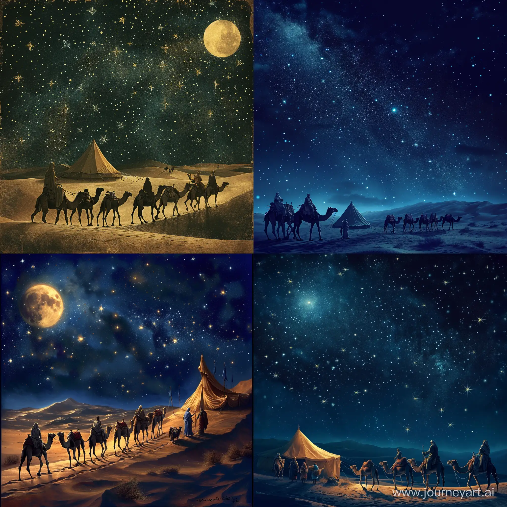 Караван верблюдов идёт в пустыни,ночное небо в звёздах,светит луна 🌙,в далеке стоит шатёр, рядом с шатром стоит мудрец с послом