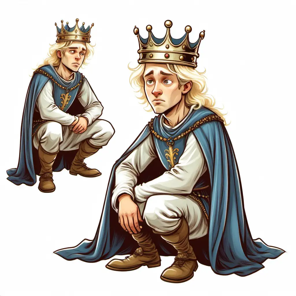 white Prince blonde hair in medieval clothes wearing a crown. Illustration for a children's book. no background. in different poses- one of them is crouching on the floor looking sad.

