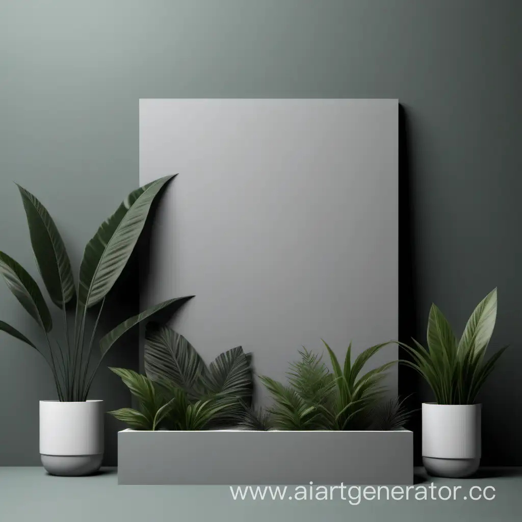 background with stand for product aesthetic, gray with plants