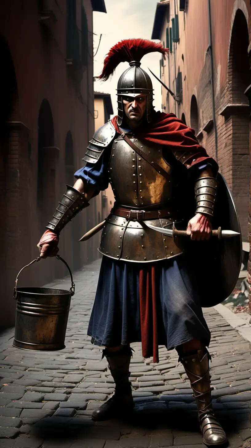 In 1325, the Italian cities of Modena and Bologna are at war over a bucket. Let the warrior be angry. Let the background of the picture be a little dark.
