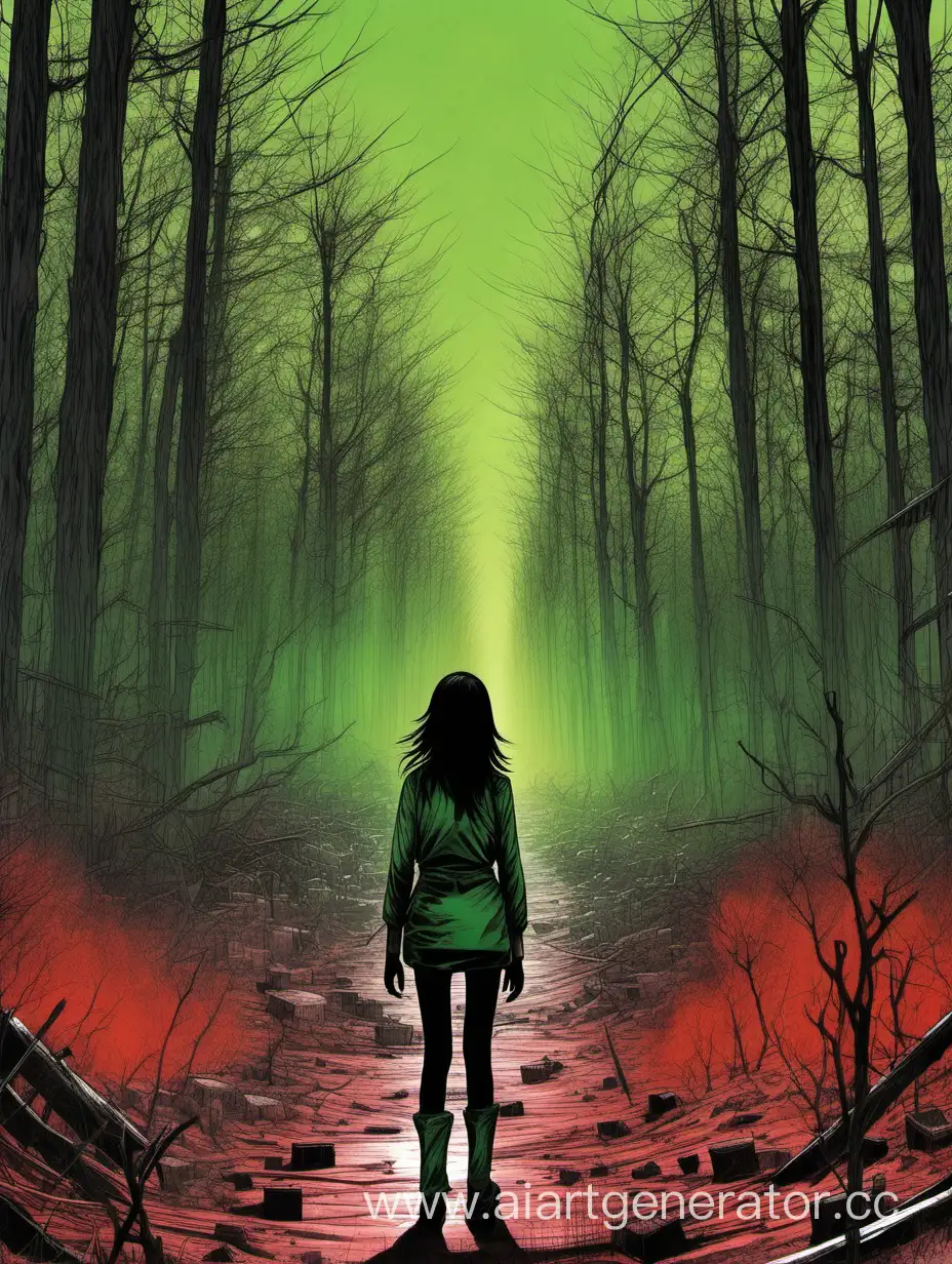 далекая фигура черноволосой девушки в Зоне Отчуждения направляется в рыжий лес, а рядом бродят мутанты, аномалии, зеленый цвет