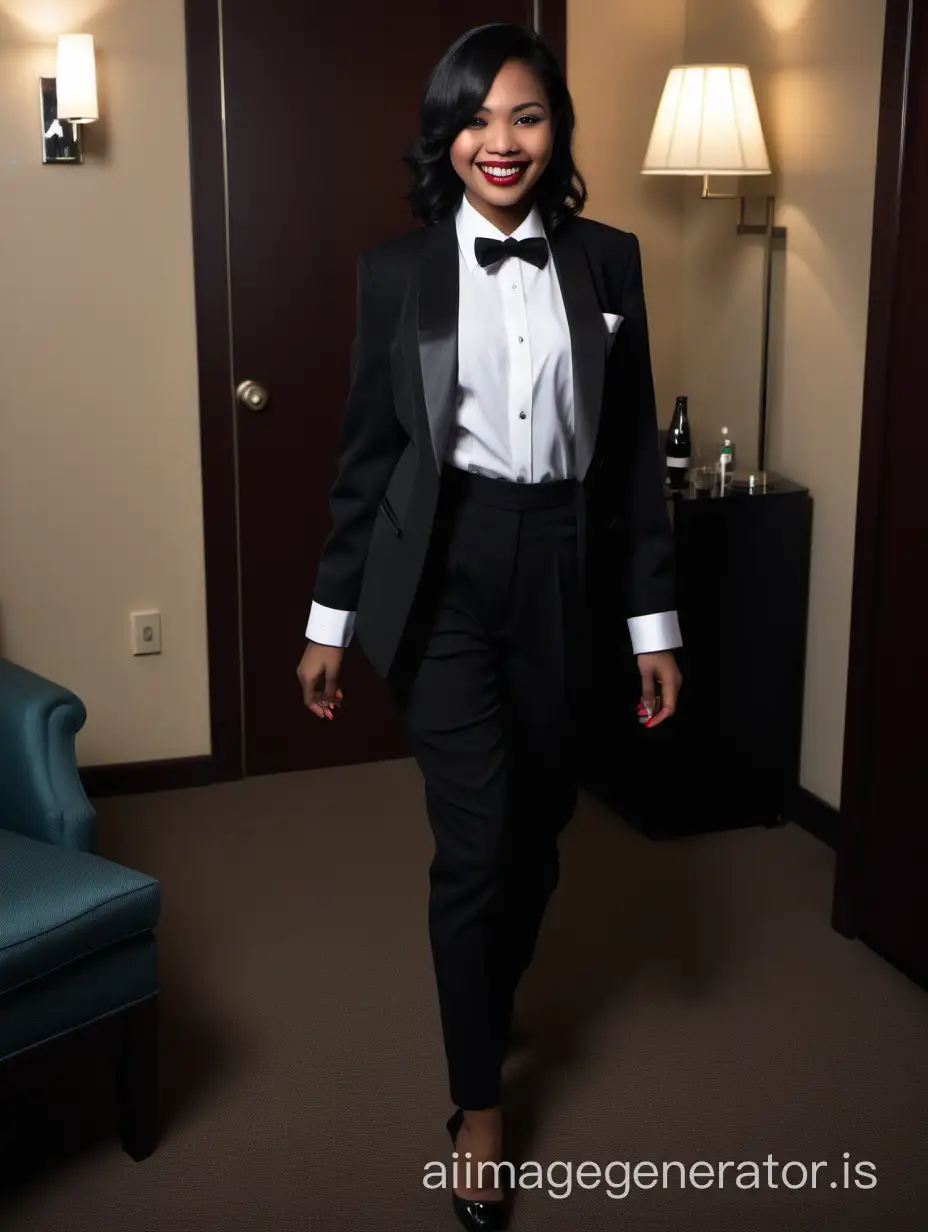 In a darkened hotel room. A pretty smiling and laughing indonesian woman with dark skin, shoulder lengh black hair, and lipstick, is walking straight forward, looking at the viewer.  She is wearing a tuxedo with an open black jacket and black pants.  Her shirt is white with double french cuffs and a wing collar.  Her bowtie is black.   Her (cufflinks) are large and black.  She is wearing shiny black high heels.  Her jacket is open.